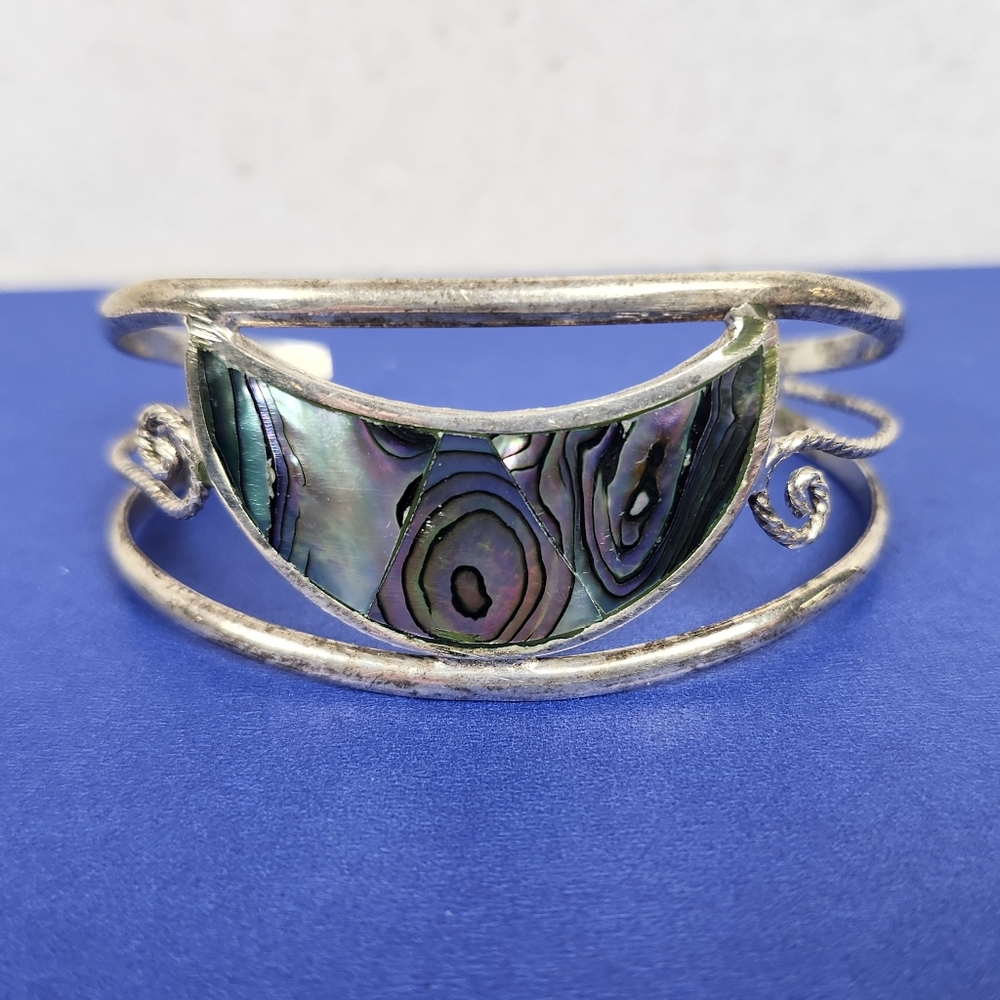 Vintage Alpaca Mexico Silver Tone Pearl & Teal Inlaid Stone Cuff
